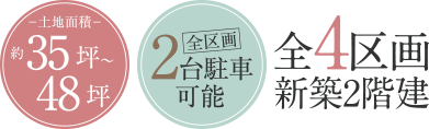 土地面積約35坪～48坪　全区画2台駐車可能　全4区画　新築2階建